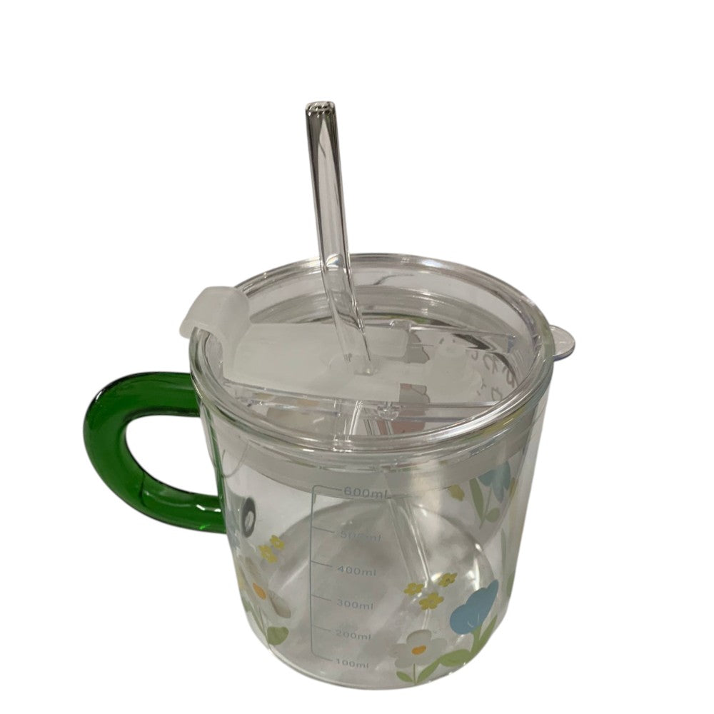 Cana cu maner si pai din sticla,Gradata , Inchidere Ermetica , 600 ml