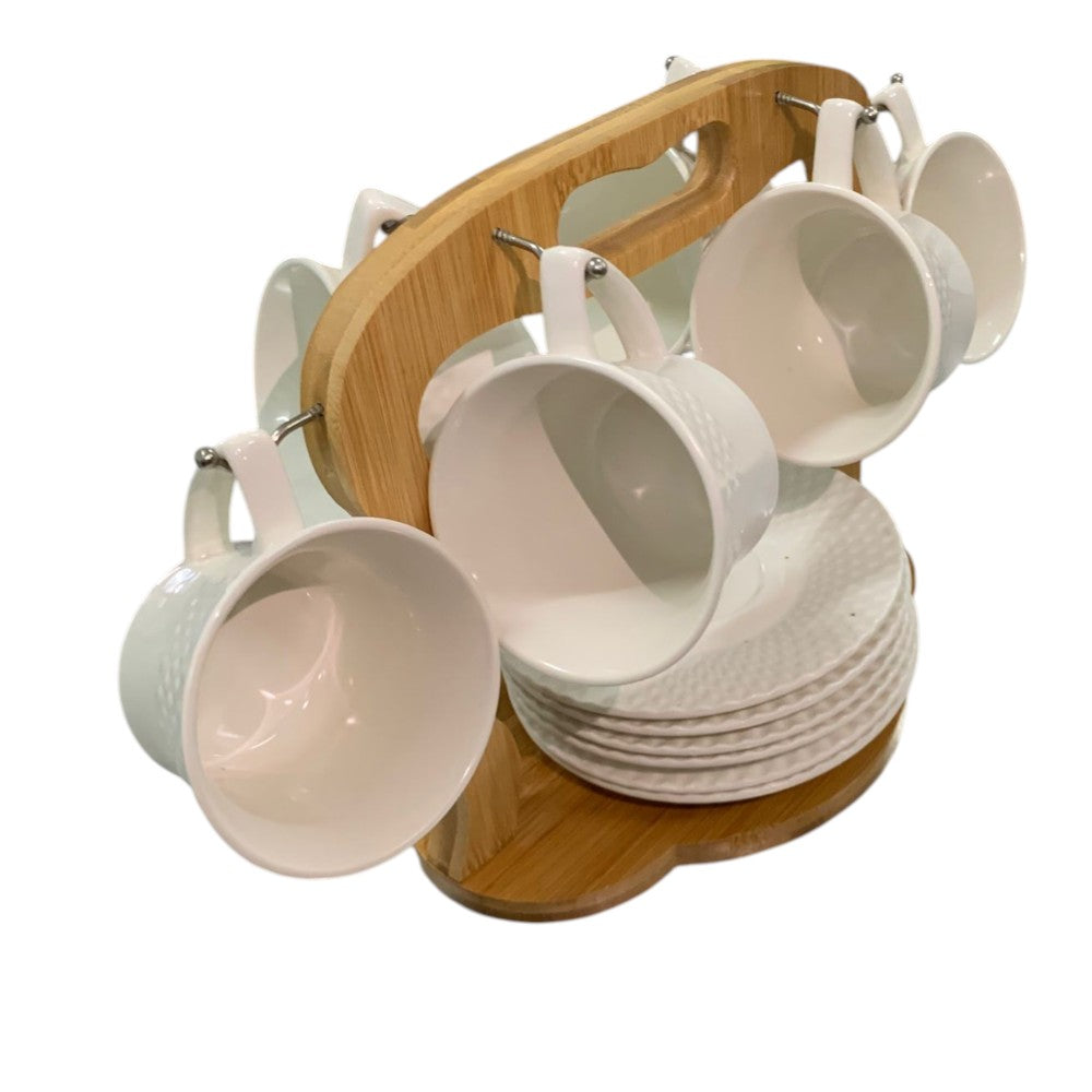 Set 6 Cesti 220/150 ml si 6 Farfurii portelan pe Suport de Bambus, Diverse Modele