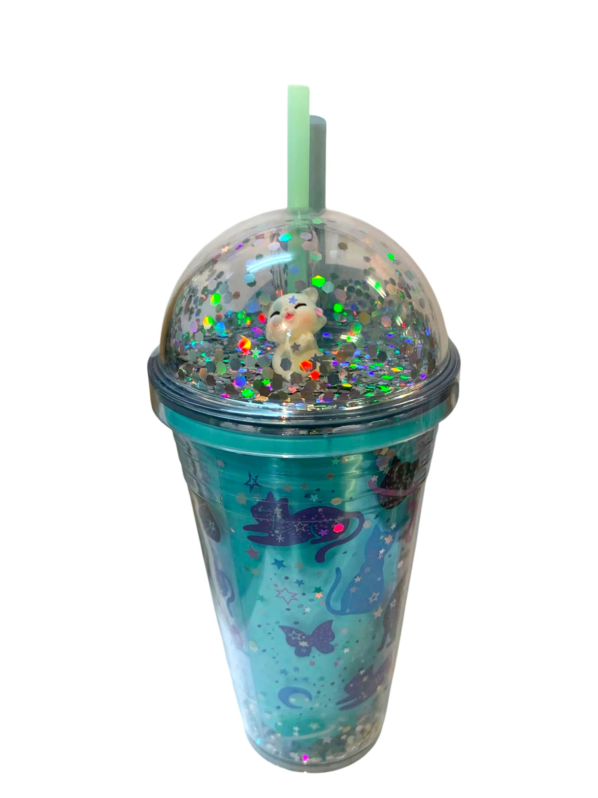 Pahar din plastic cu capac bombat si pai, color, 450 ml