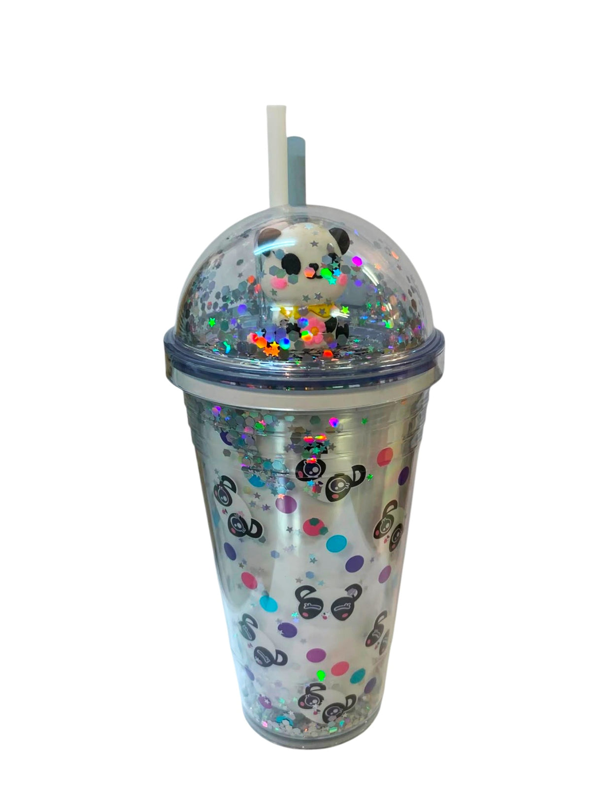 Pahar din plastic cu capac bombat si pai, color, 450 ml
