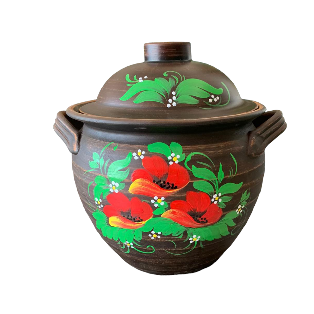 Oala sarmale, lut rosu, pictata manual cu Flori