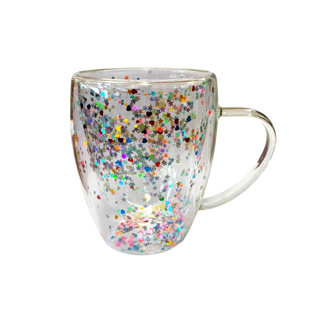 Cana cu Pereti Dubli din Sticla Termorezistenta cu Sclipici, Stelute si Inimioare ,400ml