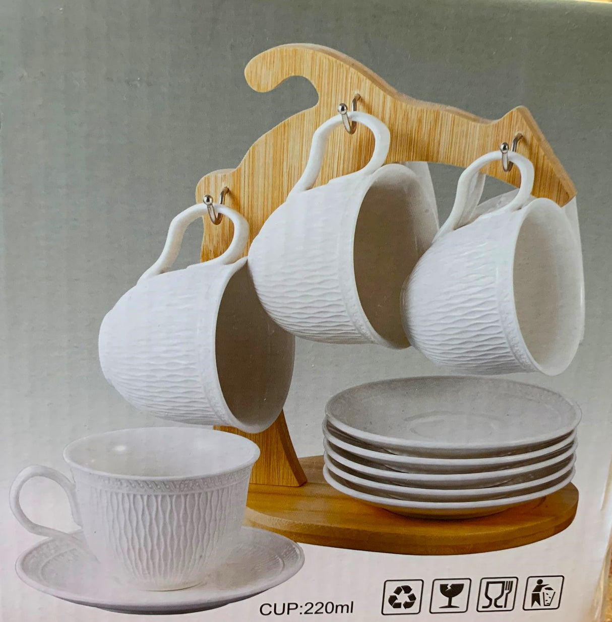 Set 6 Cesti 220 ml si 6 Farfurii portelan pe Suport de Bambus