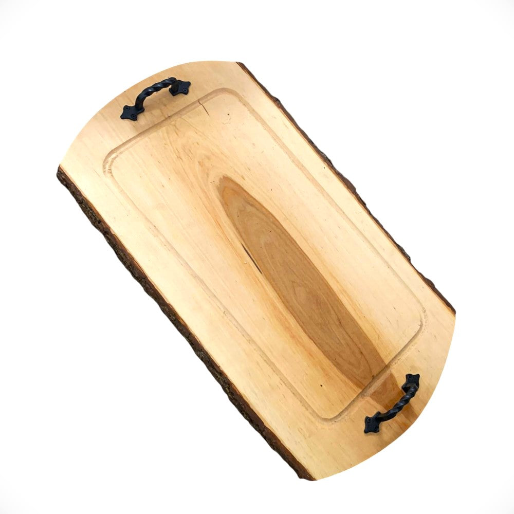 Platou servire din Lemn masiv, cu manere din Fier forjat, 60x32 cm