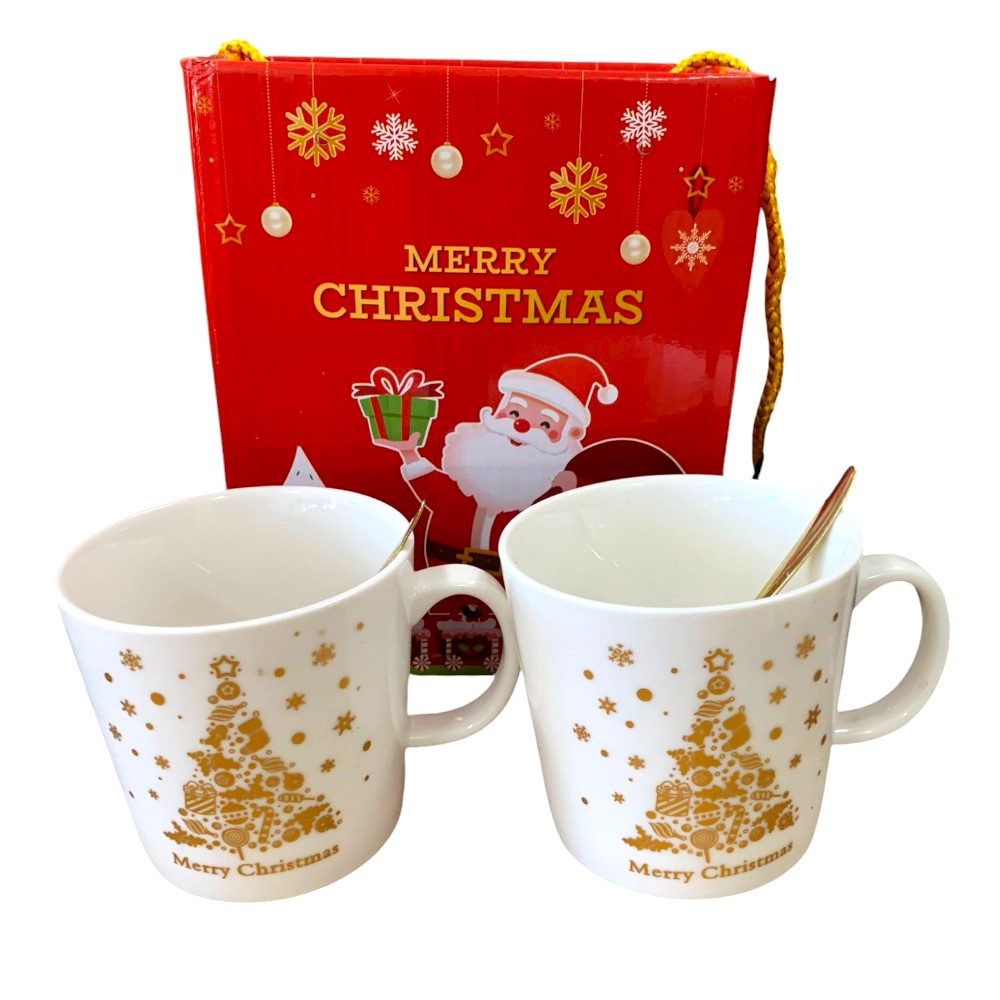 Set Cutie Cadou cu 2 Cani Ceramica si Lingurite, model Craciun , 300ml