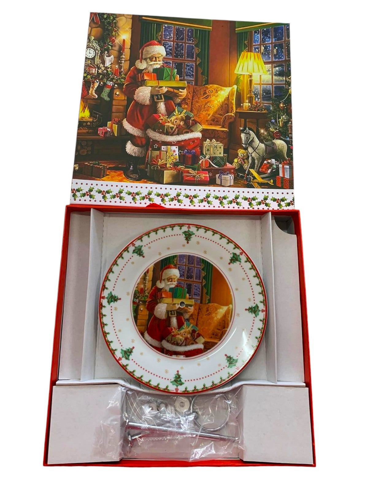 Platou Prajituri, Portelan, 2 niveluri, model Craciun in Cutie