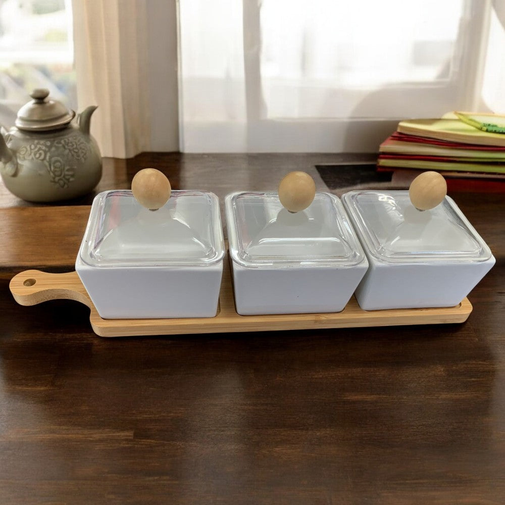 Set 3 recipiente ceramica cu capac plastic , Suport Bambus , 33x10 cm