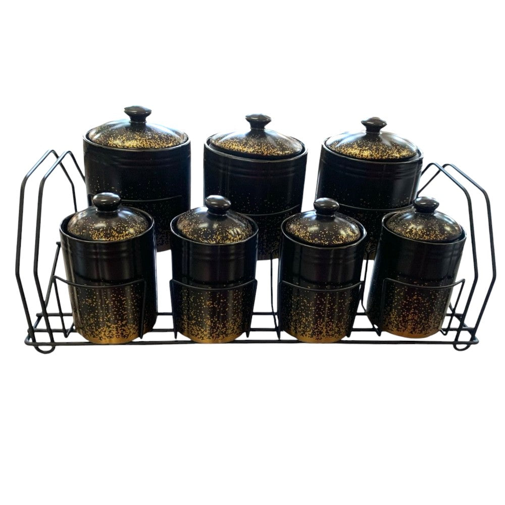 Set de 7 Recipiente pentru Condimente din portelan cu suport de metal, Luxury Collection