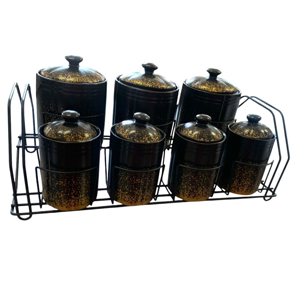 Set de 7 Recipiente pentru Condimente din portelan cu suport de metal, Luxury Collection