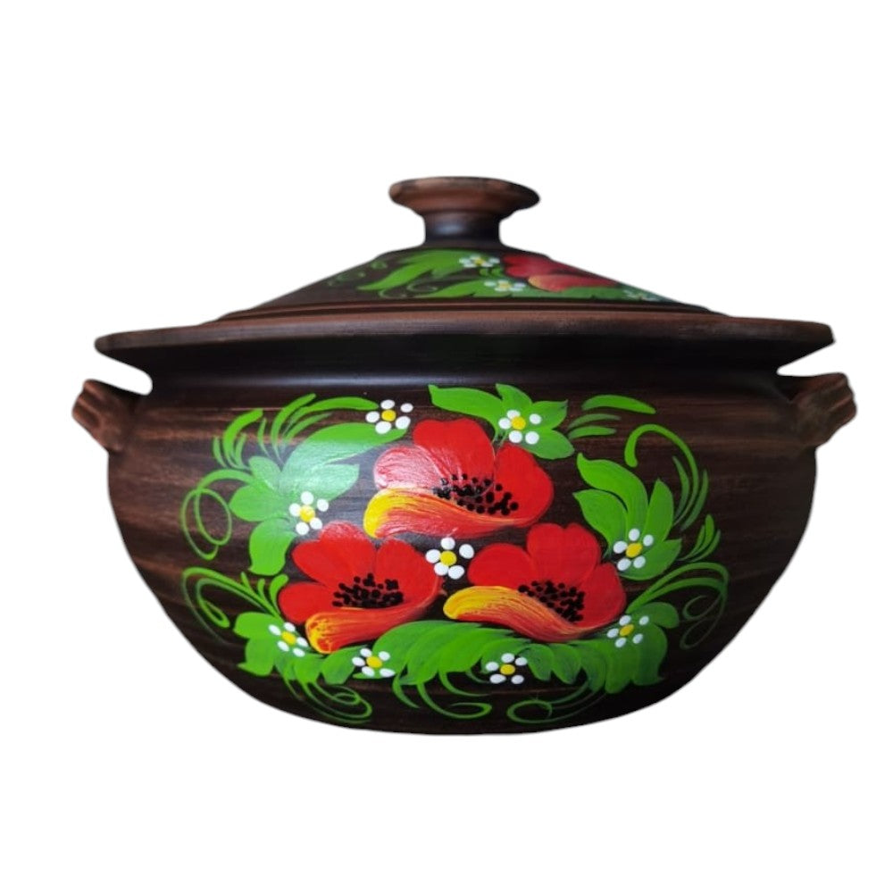 Oala sarmale, lut rosu, pictata manual cu Flori