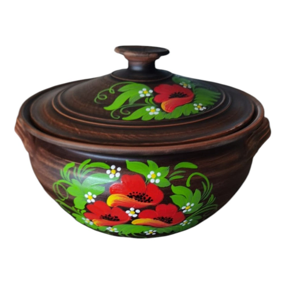 Oala sarmale, lut rosu, pictata manual cu Flori