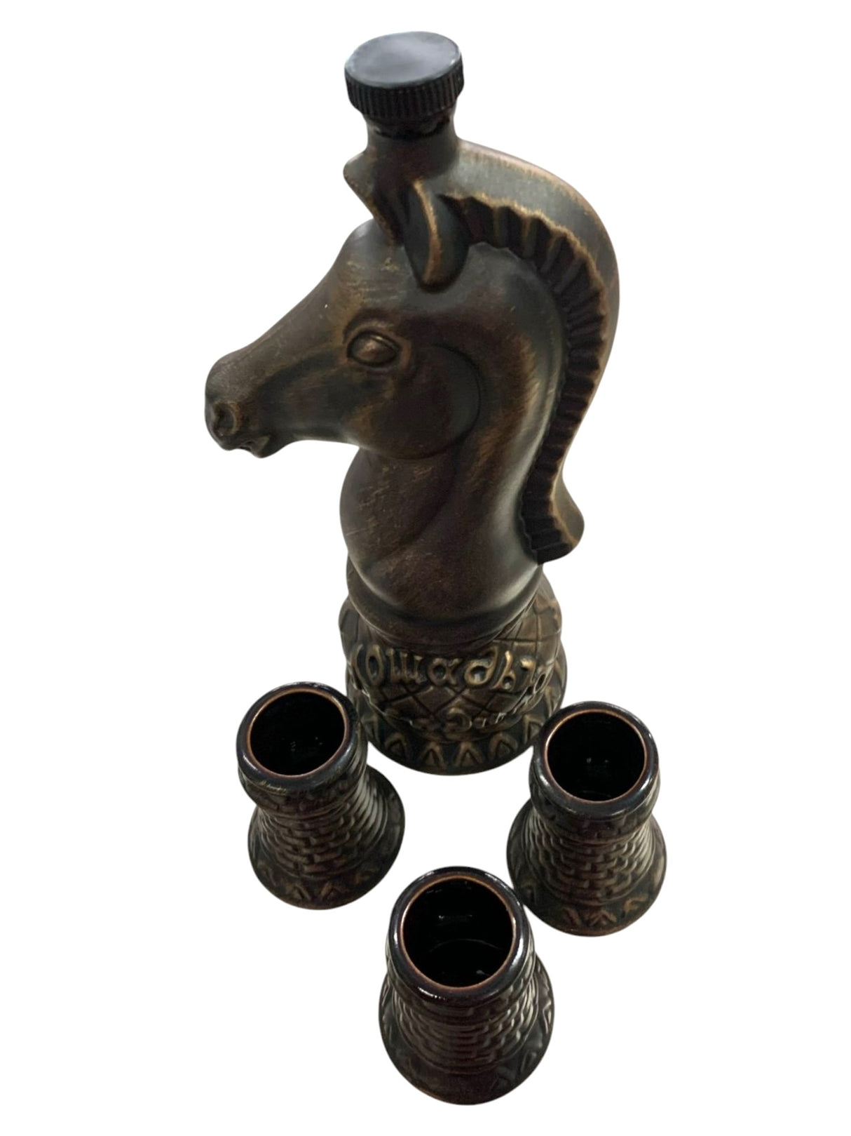 Set servire bautura ceramica, Cal de sah cu trei pahare, Negru
