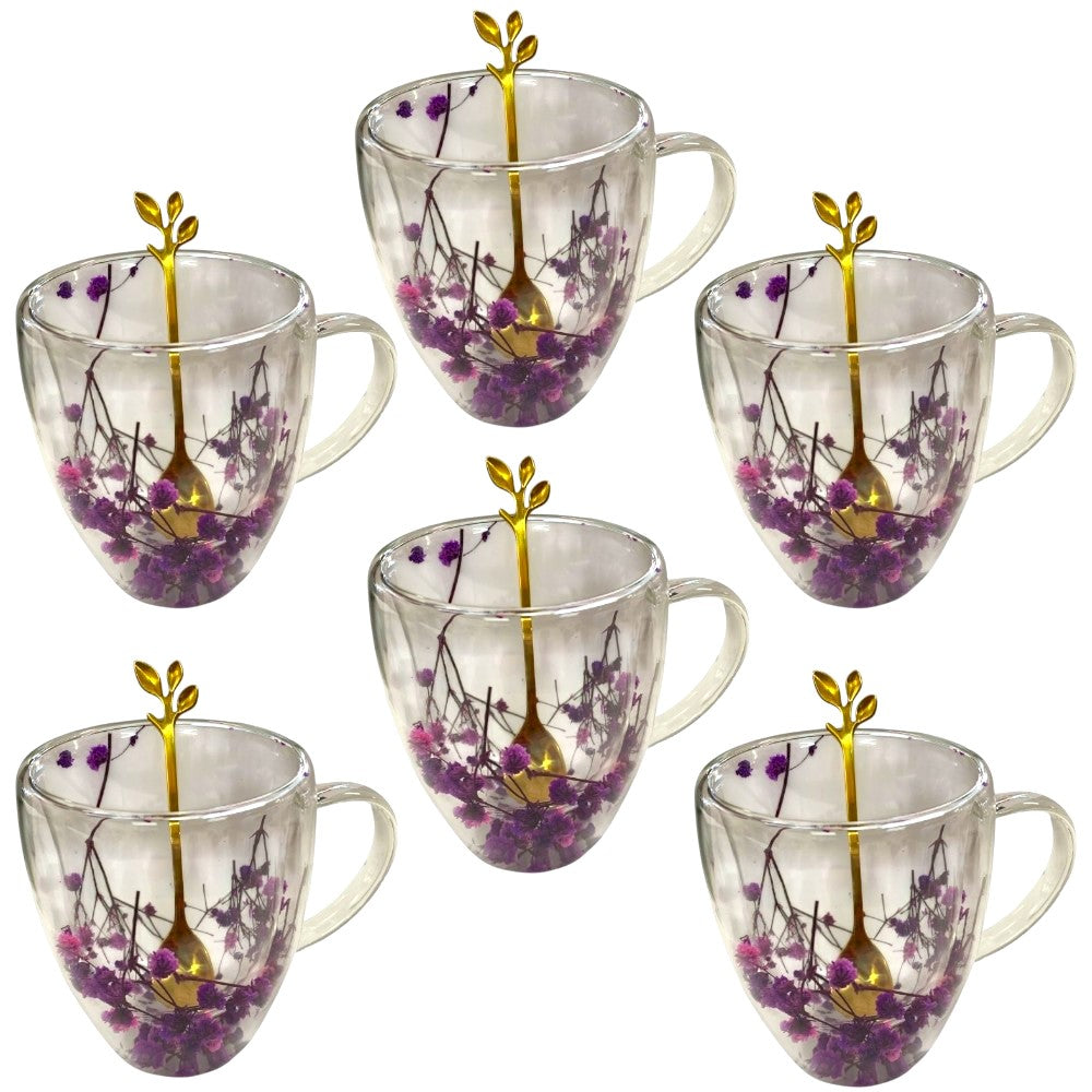 Set 6 Cani cu Pereti Dubli din sticla termorezistenta , Flori Multicolore 350 ml si 6 Lingurite Aurii