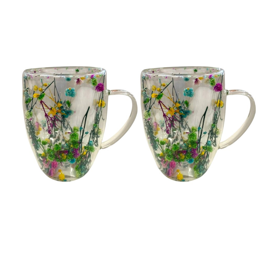 Set 2 Cani cu Pereti Dubli din sticla termorezistenta , Flori Multicolore 350 ml