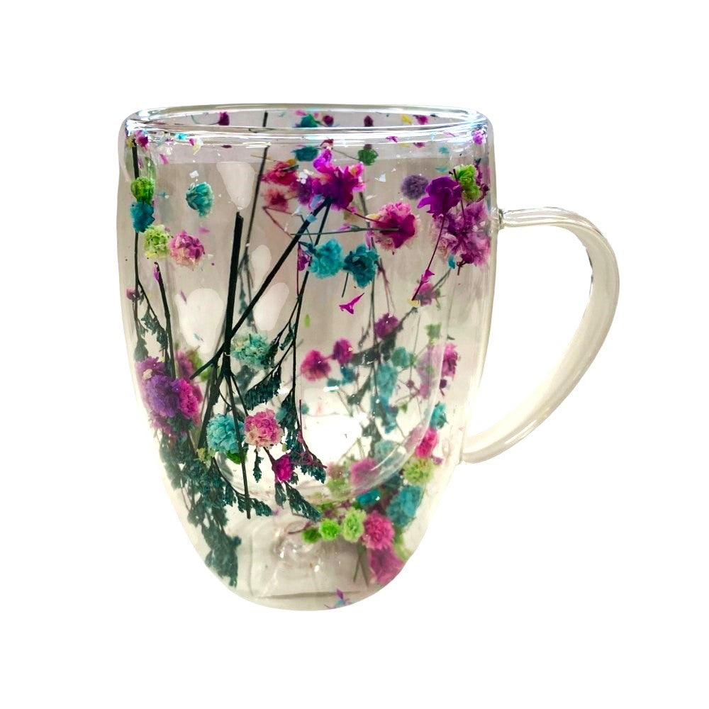 Cana cu Pereti Dubli din sticla termorezistenta , Flori Multicolore , 350 ml