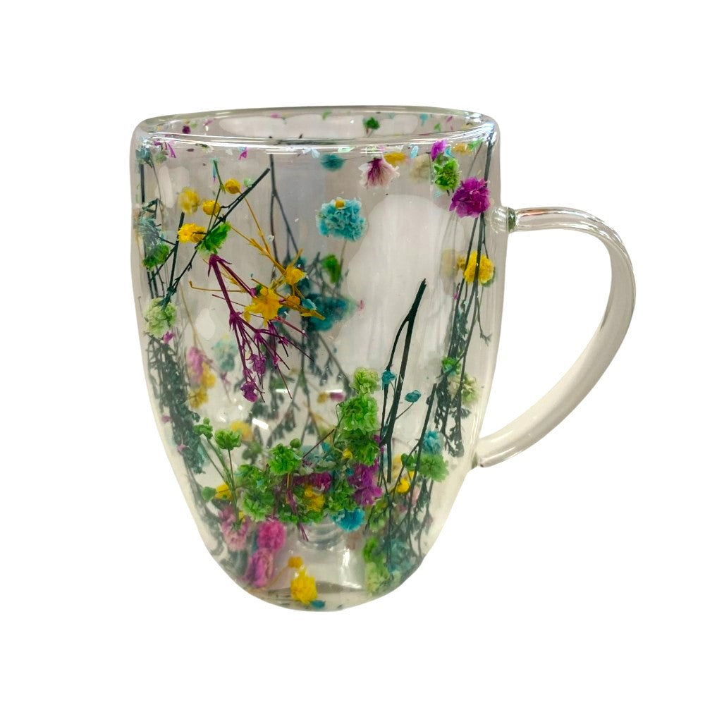 Cana cu Pereti Dubli din sticla termorezistenta , Flori Multicolore , 350 ml