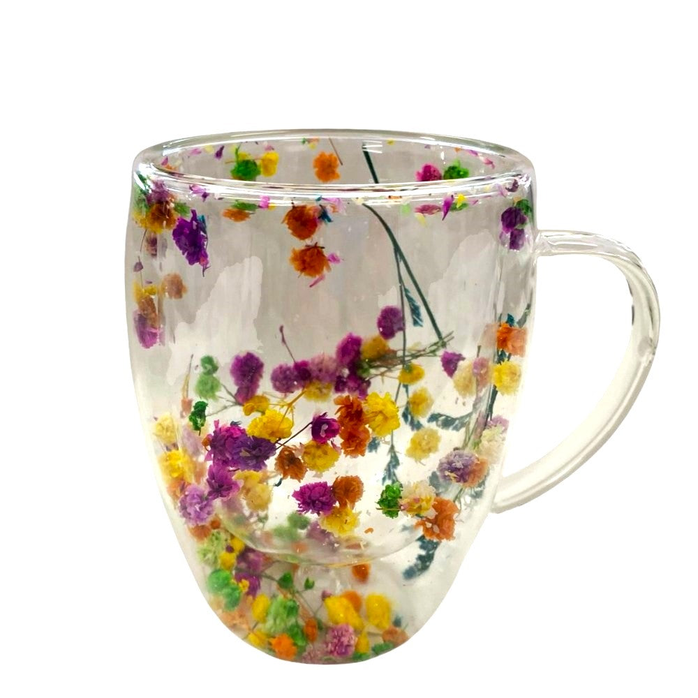 Cana cu Pereti Dubli din sticla termorezistenta , Flori Multicolore , 350 ml