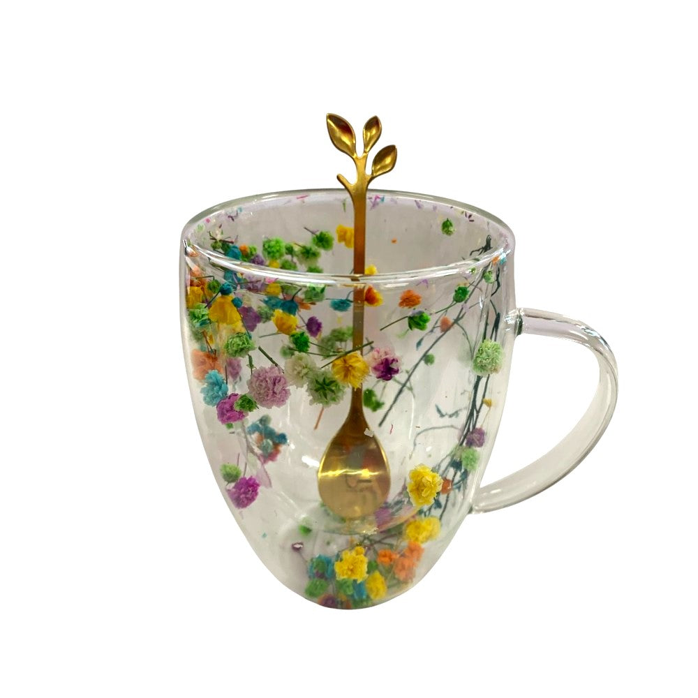 Set 2 Cani cu Pereti Dubli din sticla termorezistenta , Flori Multicolore 350 ml si 2 Lingurite Aurii