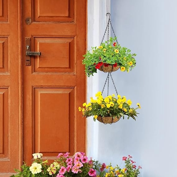 Ghiveci suspendat decorativ cu lant, rotund, Otel, Fibra Cocos