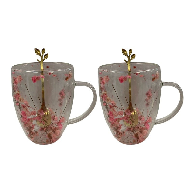 Set 2 Cani cu Pereti Dubli din sticla termorezistenta , Flori Multicolore 350 ml si 2 Lingurite Aurii