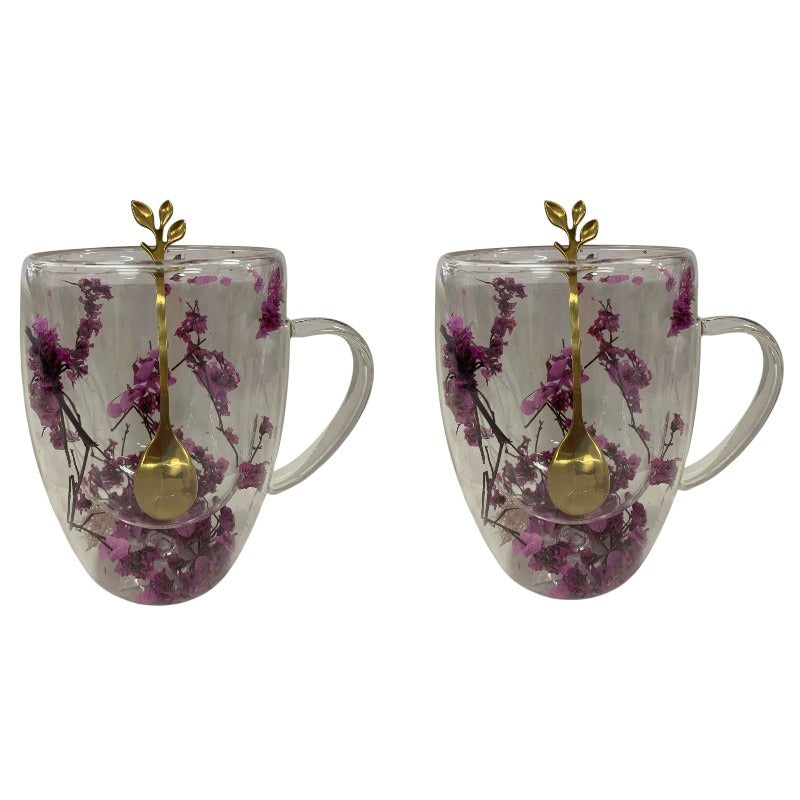 Set 2 Cani cu Pereti Dubli din sticla termorezistenta , Flori Multicolore 350 ml si 2 Lingurite Aurii