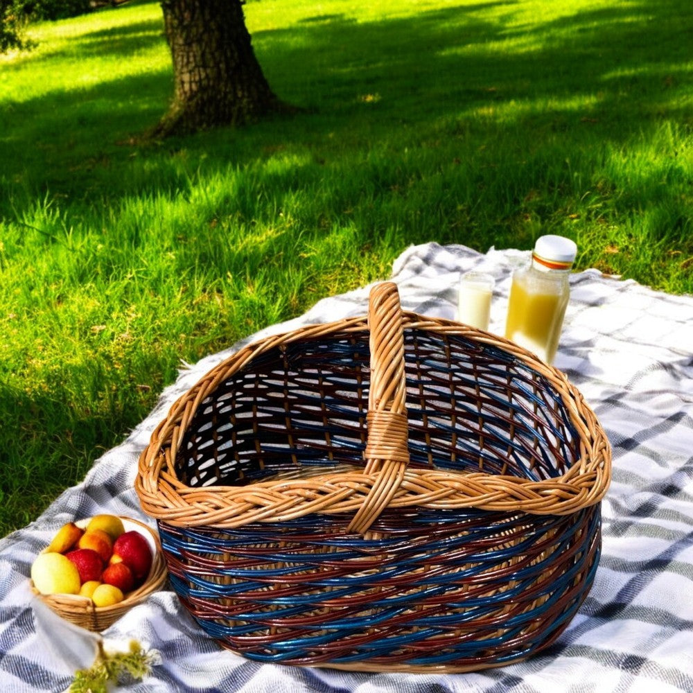 Cos de cumparaturi/picnic din rachita, 36x26 cm albastru-rosu