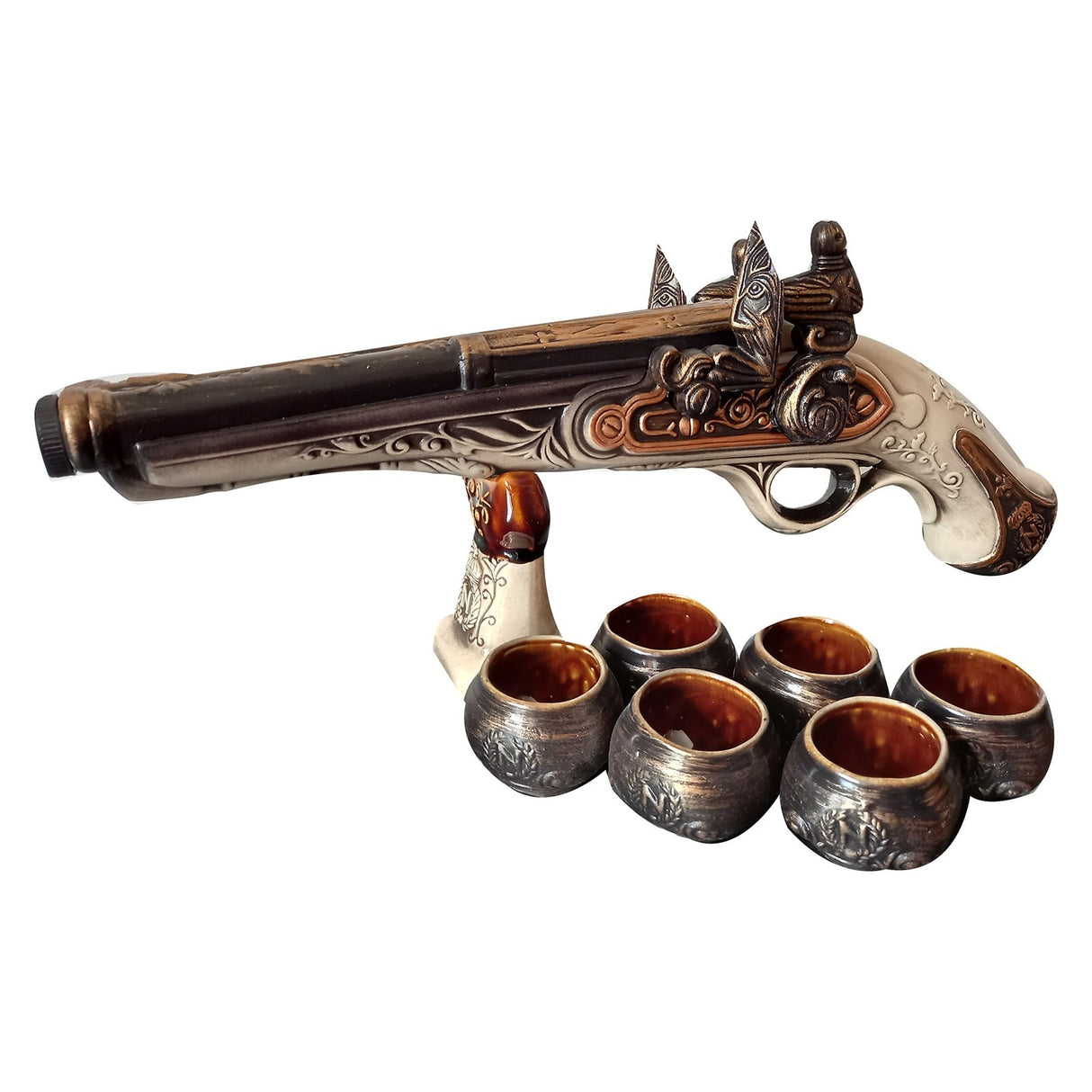 Set pentru servirea bauturilor, Sticla 1.3 l in forma de Pusca cu 6 pahare 100 ml, Ceramica