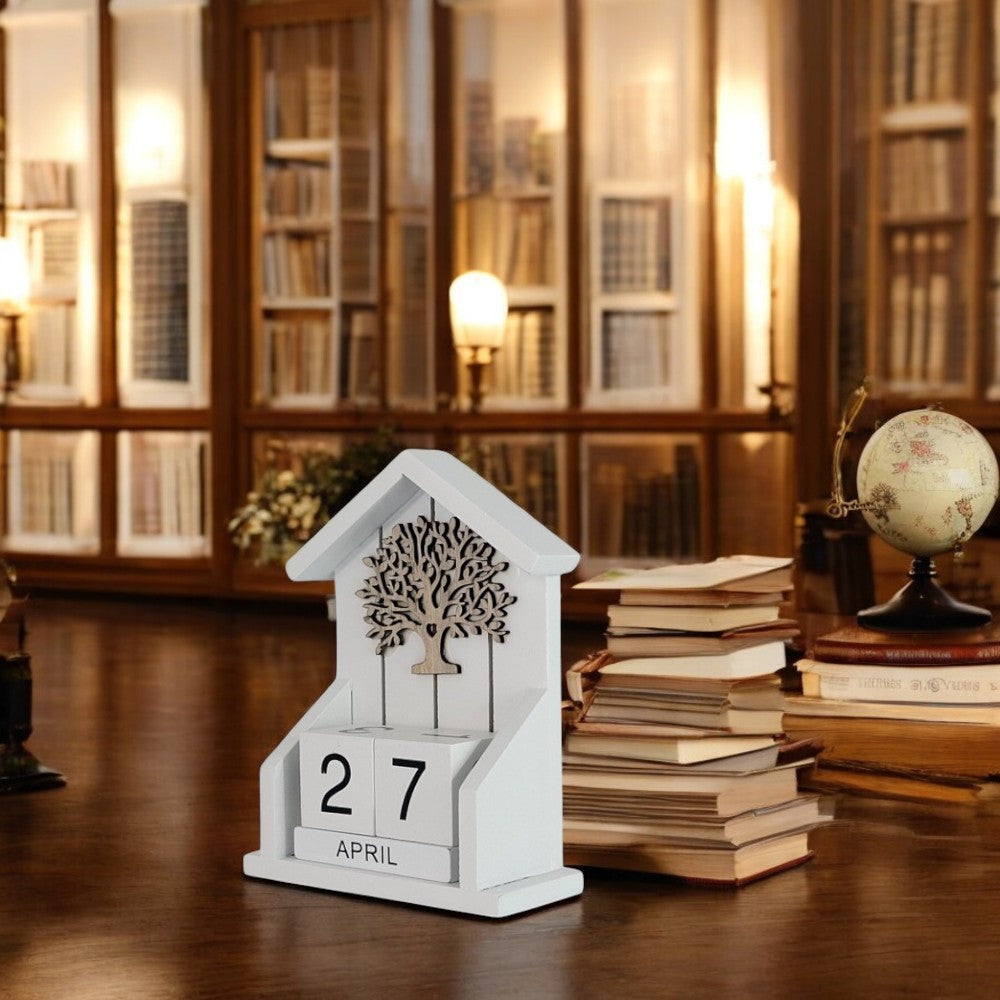 Decoratiune Casuta Calendar, din Lemn, 16x10 cm, Alb