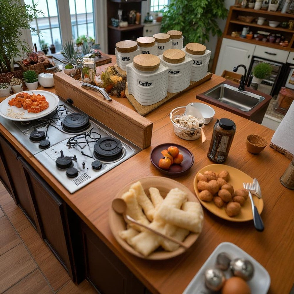 Set de Condimente din Portelan cu 7 Piese si Suport din Bambus