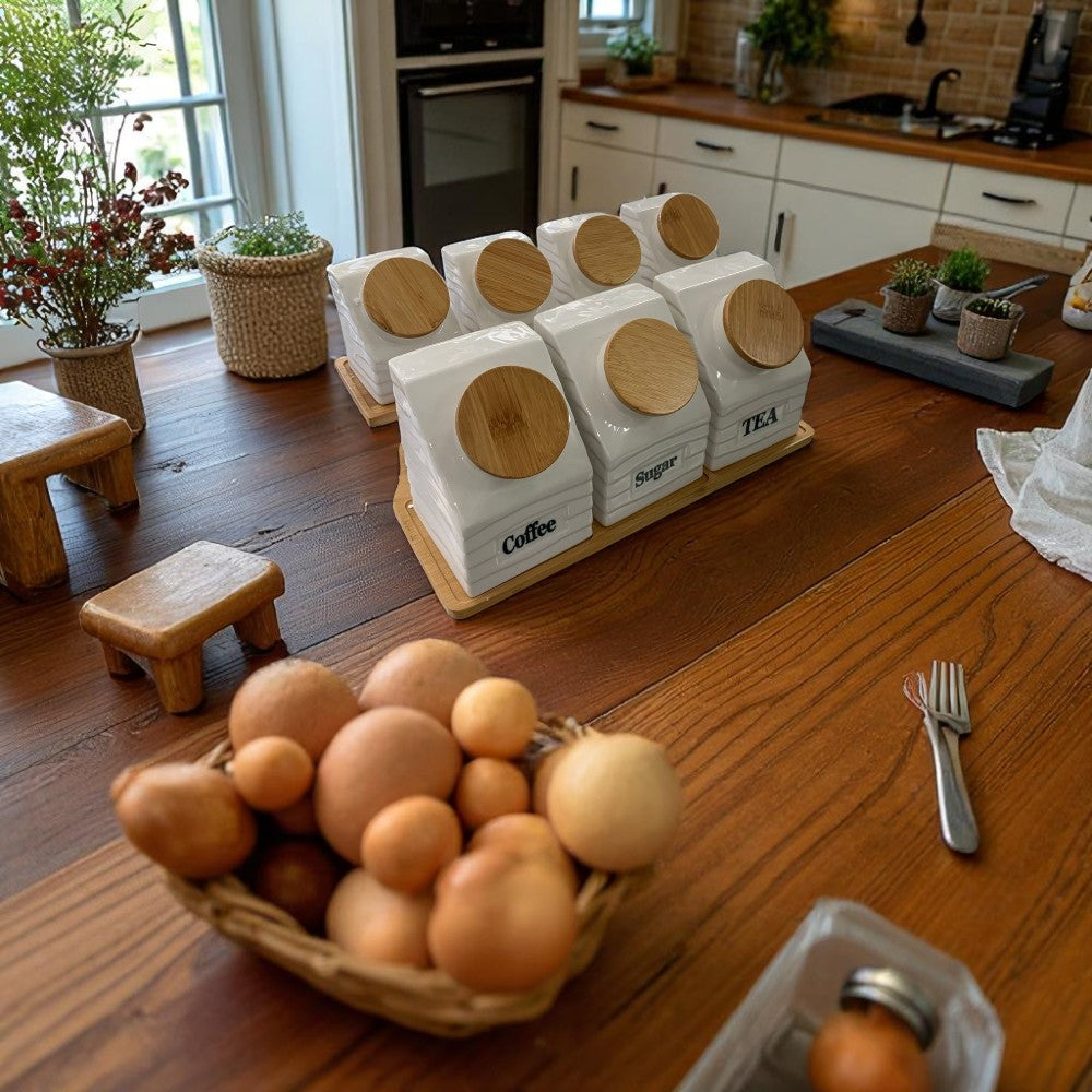 Set de Condimente din Portelan cu 7 Piese si Suport din Bambus