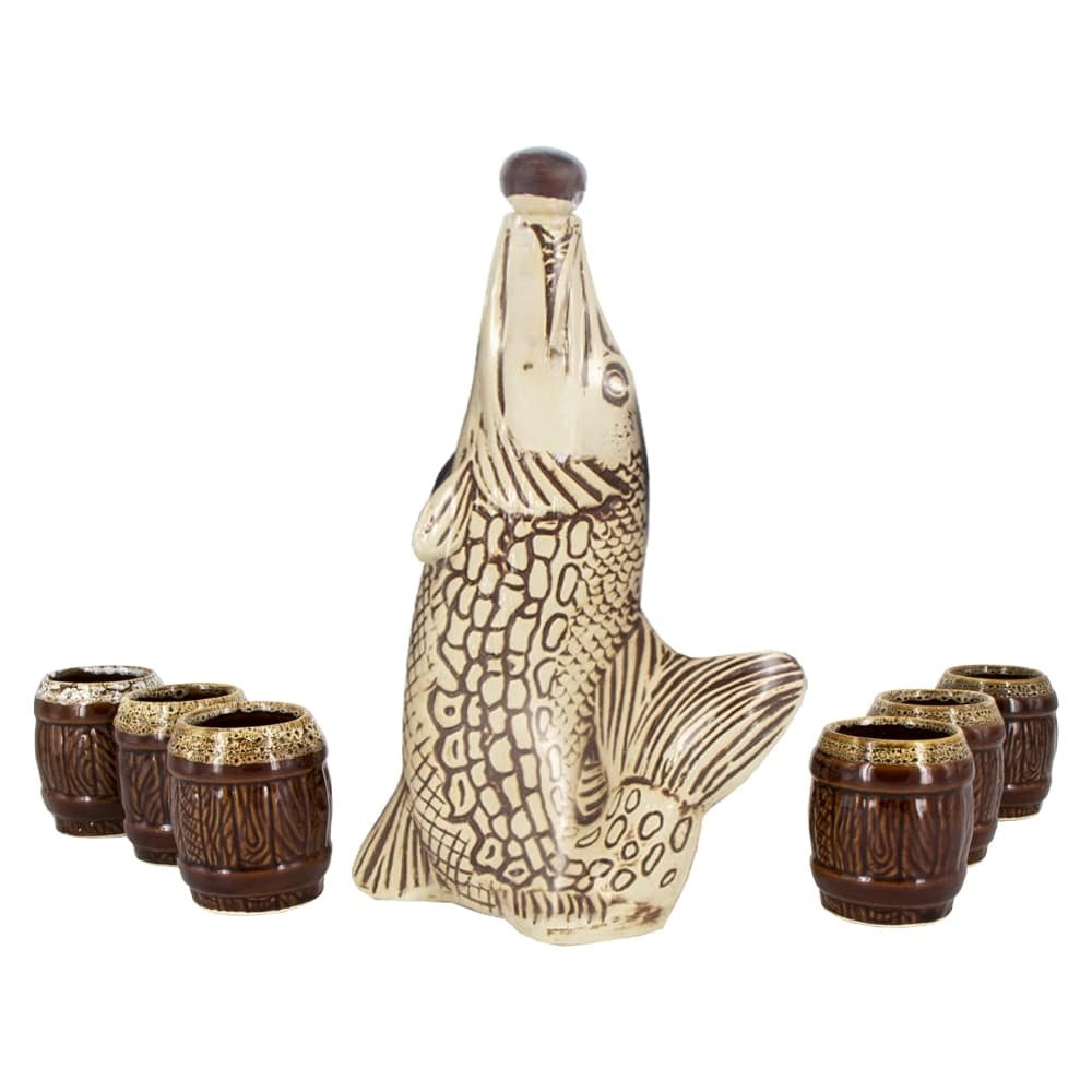 Set pentru Tuica, Sticla 750 ml cu 6 pahare 100 ml, Model Stiuca, Ceramica