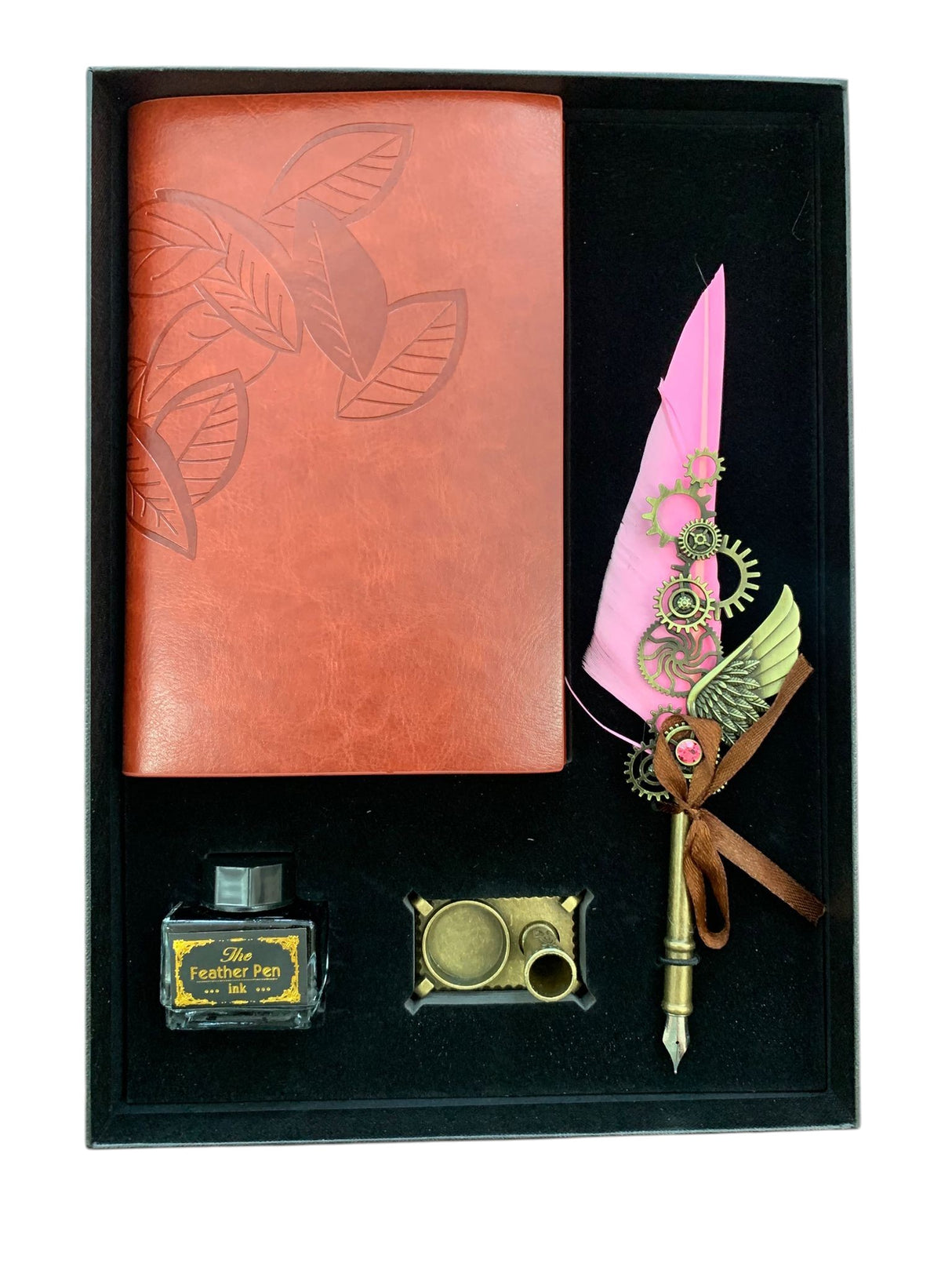 Set Stilou Caligrafie cu Pana si Ornamente Metalice, Agenda, Calimara si Suport de Birou