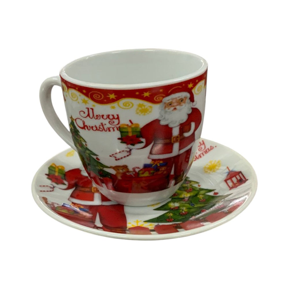 Set 6 Cesti Espresso si 6 Farfurioare, Model Craciun , Ceramica, Cutie Cadou,100 ml