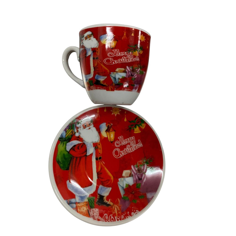 Set 6 Cesti Espresso si 6 Farfurioare, Model Craciun , Ceramica, Cutie Cadou,100 ml