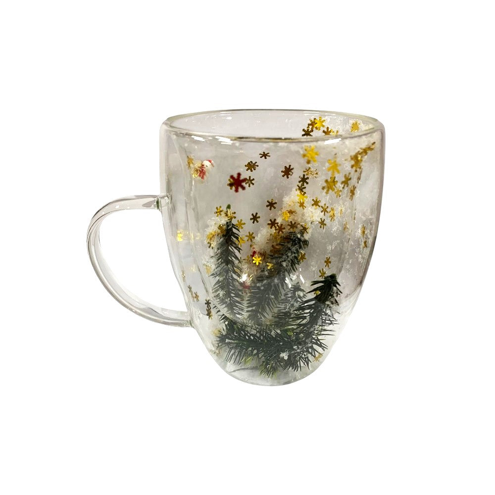 Cana cu pereti dubli , sticla termorezistenta , Model Festiv/Craciun , 350 ml