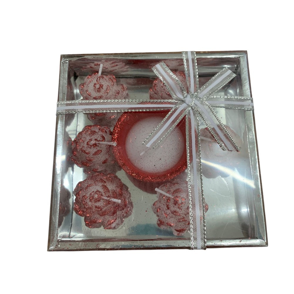 Set 7 lumanarele decorative , Alb- Rosu cu sclipici