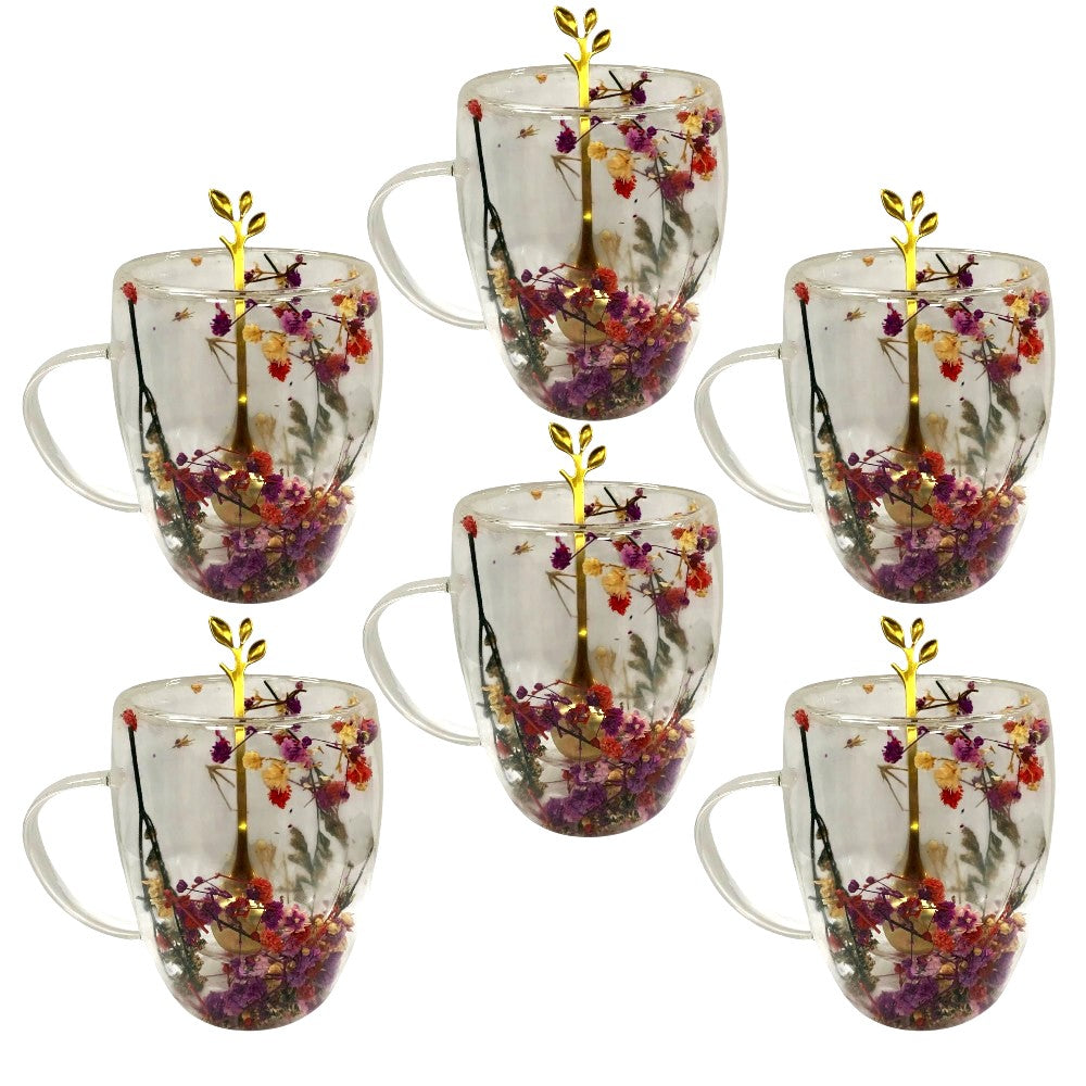 Set 6 Cani cu Pereti Dubli din sticla termorezistenta , Flori Multicolore 350 ml si 6 Lingurite Aurii