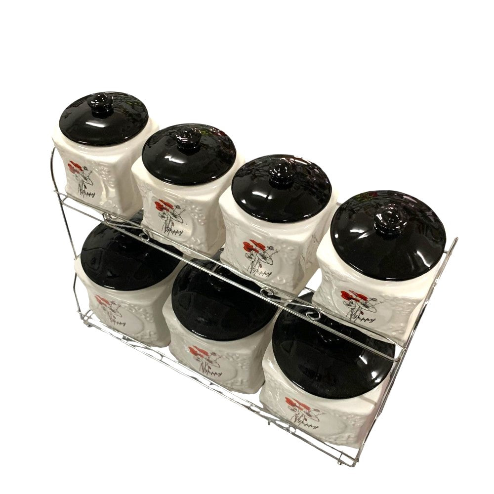 Set 7 Borcane Condimente Ceramica cu Capace Pe suport Metalic, Model Floral