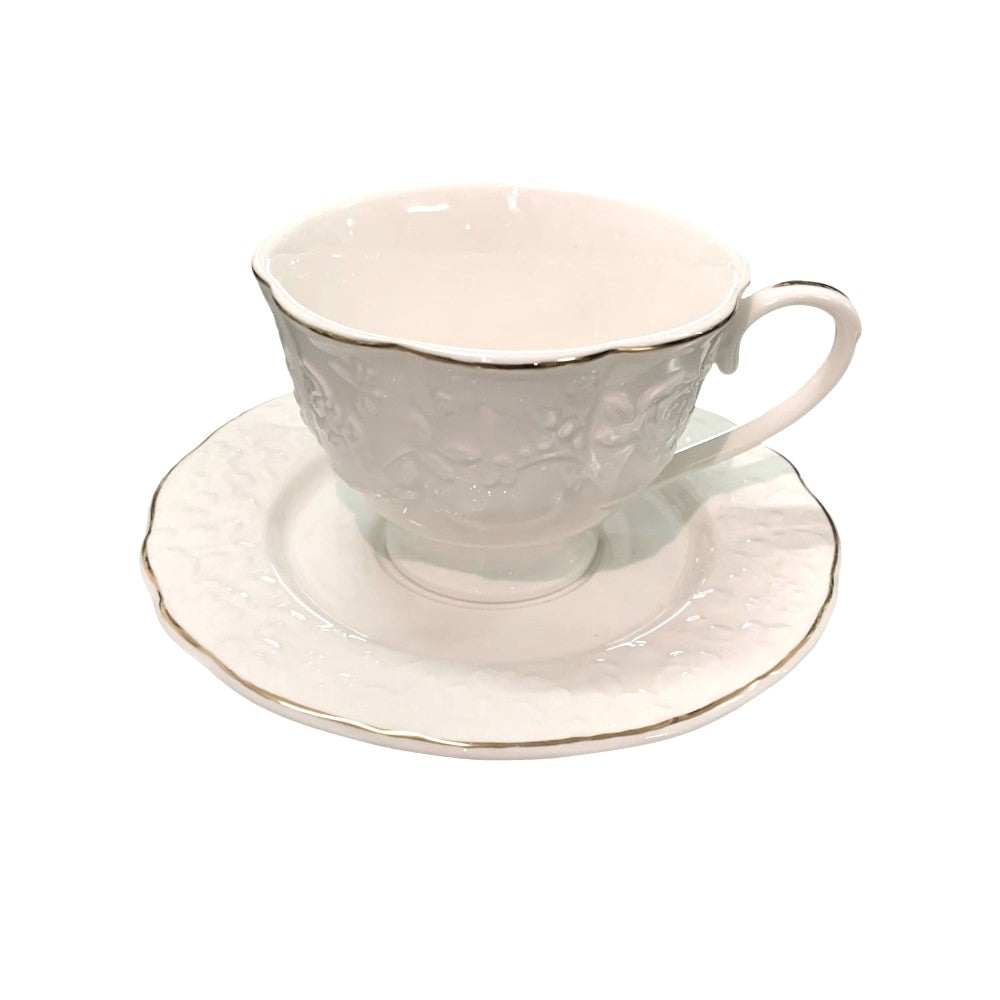 Set de 6 cesti si 6 farfurii , 250 ml, Luxury Collection , Alb - Margine Aurie