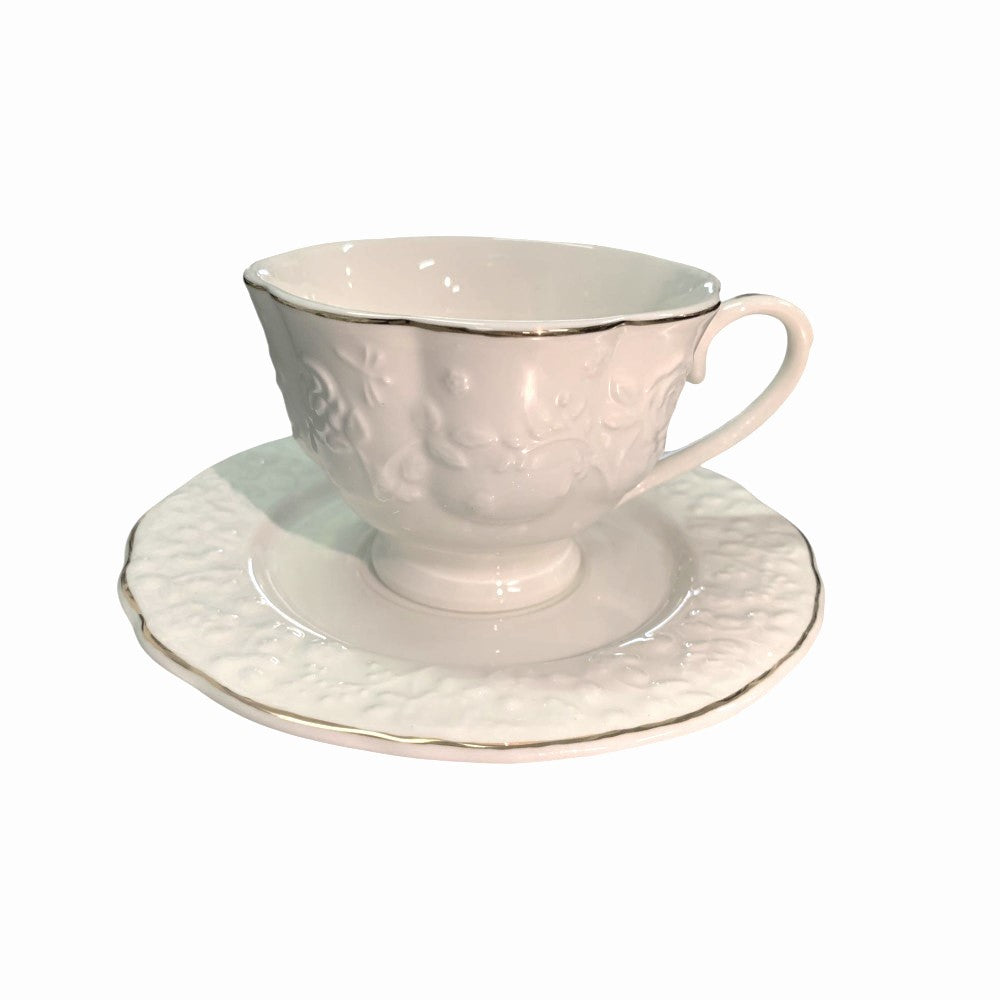 Set de 6 cesti si 6 farfurii , 250 ml, Luxury Collection , Alb - Margine Aurie