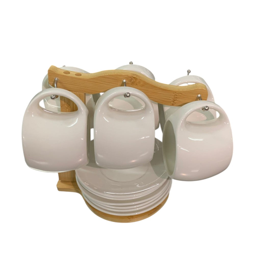 Set 6 Cesti 220/150 ml si 6 Farfurii portelan pe Suport de Bambus, Diverse Modele