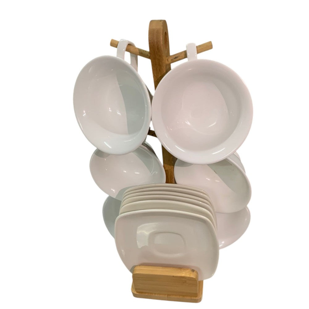 Set 6 Cesti 220/150 ml si 6 Farfurii portelan pe Suport de Bambus, Diverse Modele