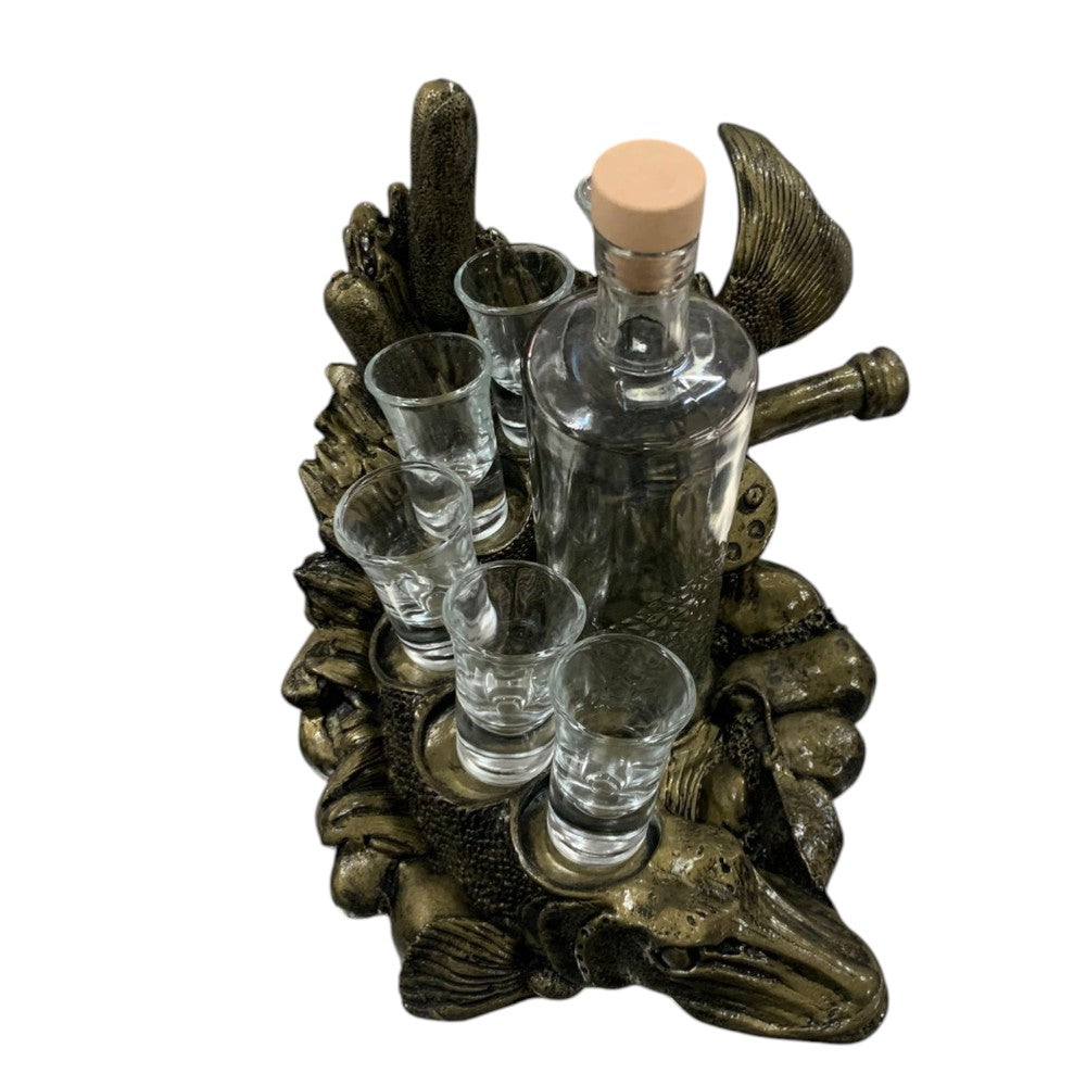 Suport Suvenir cu model Stiuca,ceramica , sticla 500 ml si 6 pahare 50ml, 30x20cm