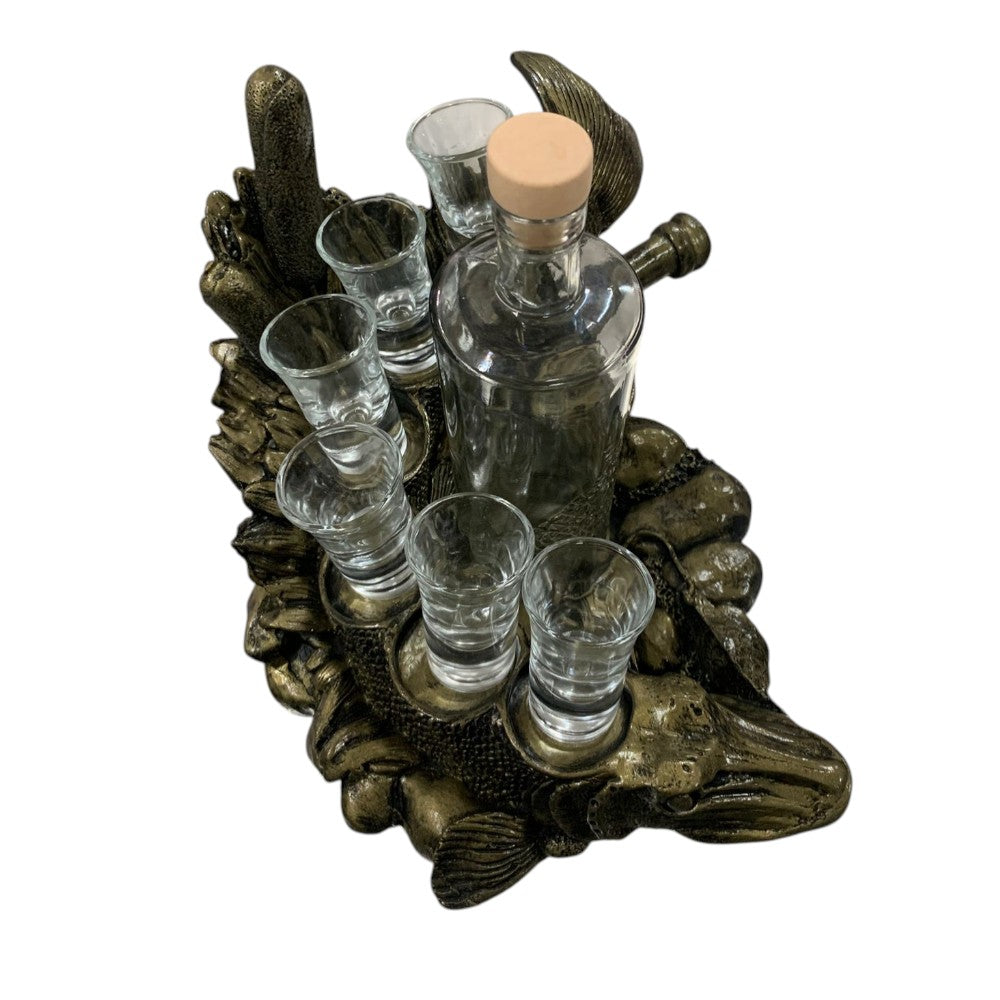 Suport Suvenir cu model Stiuca,ceramica , sticla 500 ml si 6 pahare 50ml, 30x20cm