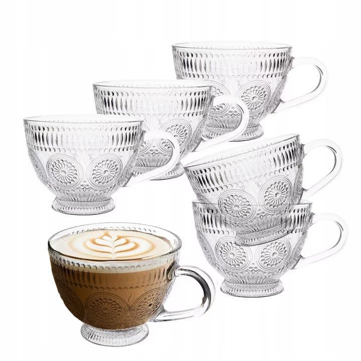Set 6 Cesti Cafea Transparente si Farfurii din sticla, Model