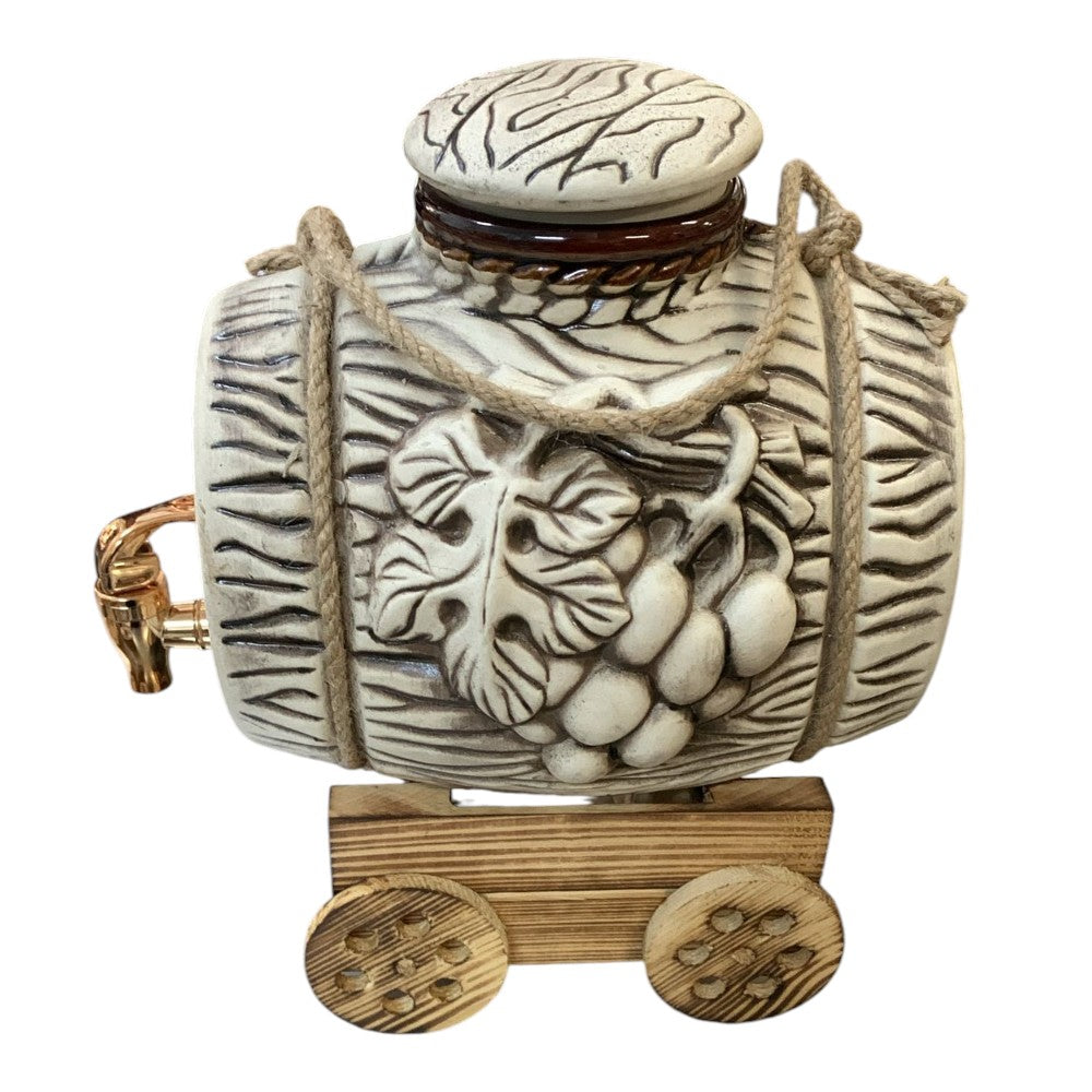 Butoi din Ceramica cu Robinet, 4l, pe suport din Lemn, decorat cu Sfoara , Model Strugure