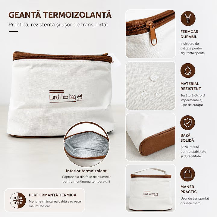 Set 4 caserole termice cu geantă termoizolanta - interior metalic, capace etanse, lunch box
