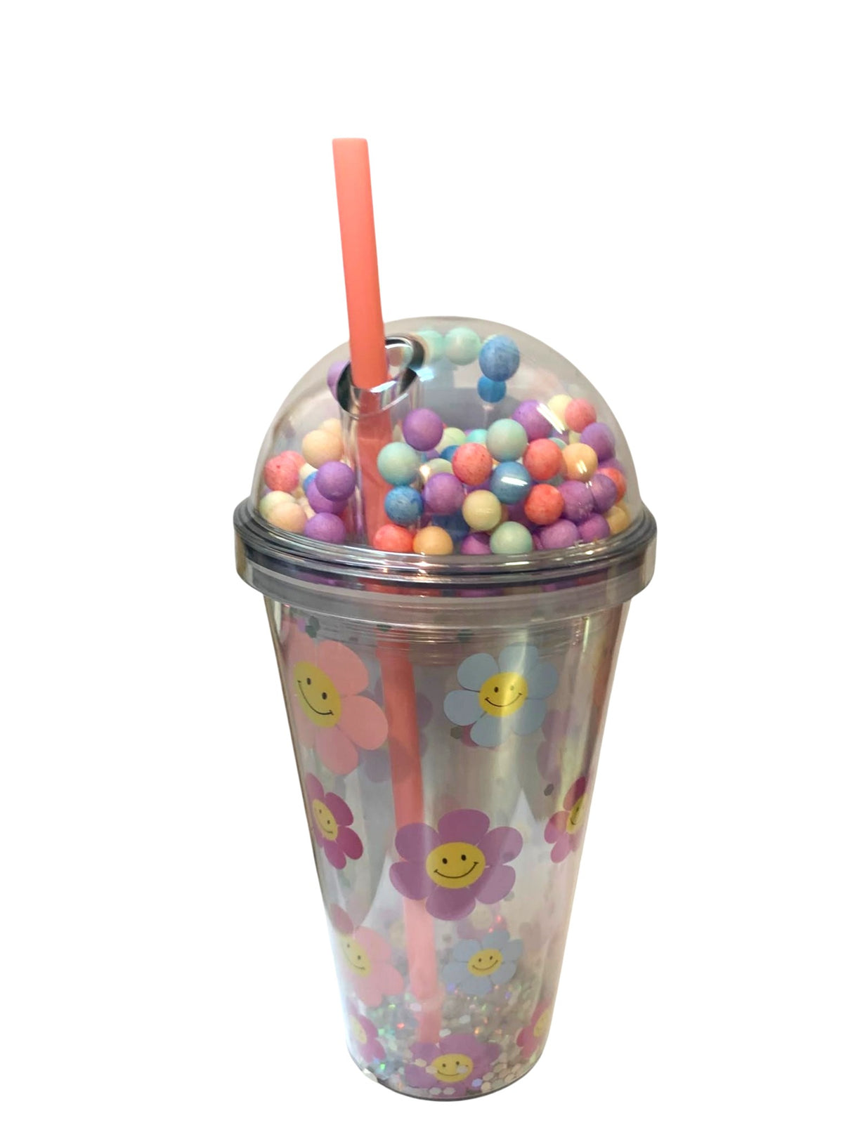 Pahar din plastic cu capac bombat si pai,transparent color, 450 ml