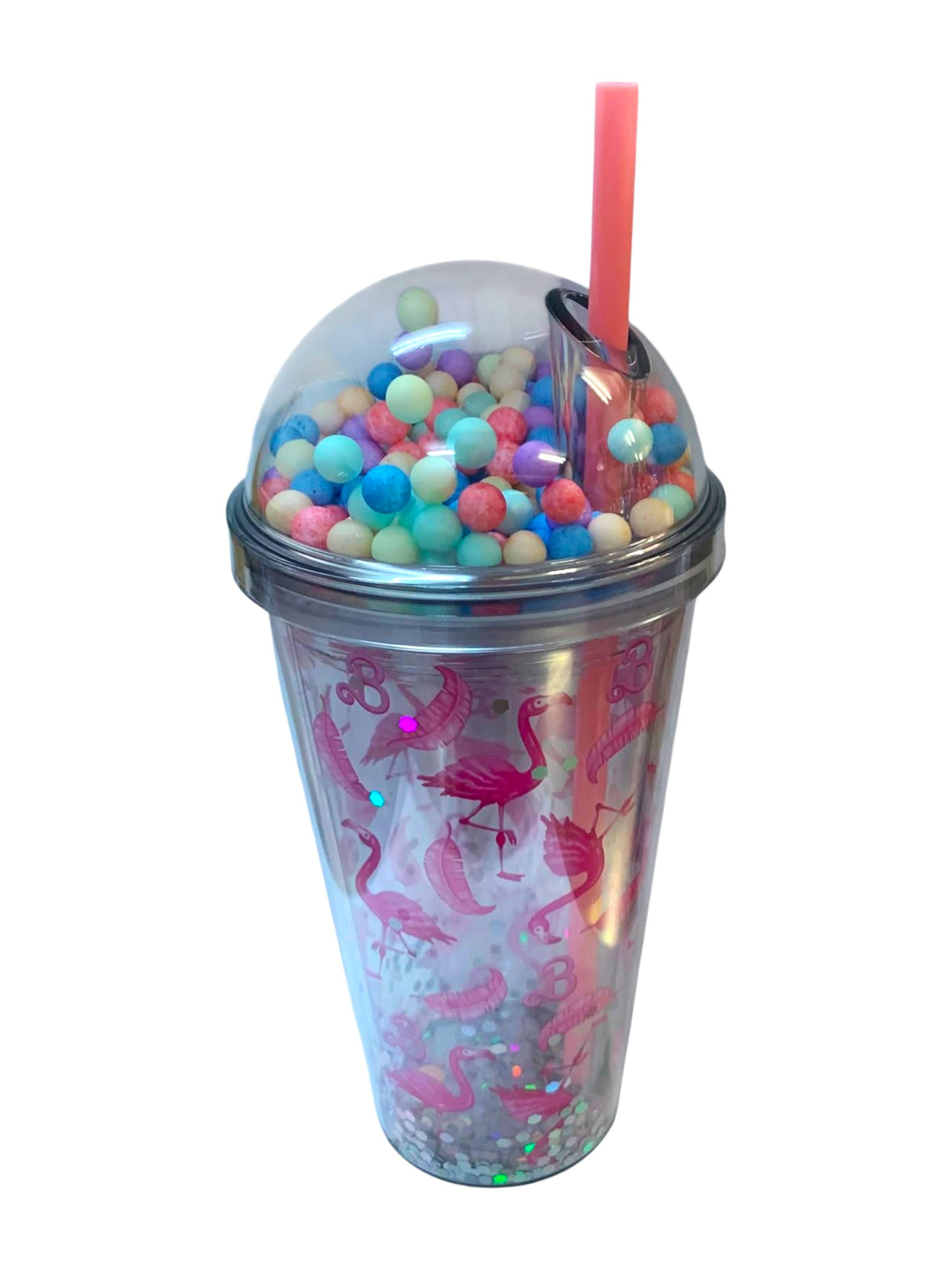 Pahar din plastic cu capac bombat si pai,transparent color, 450 ml