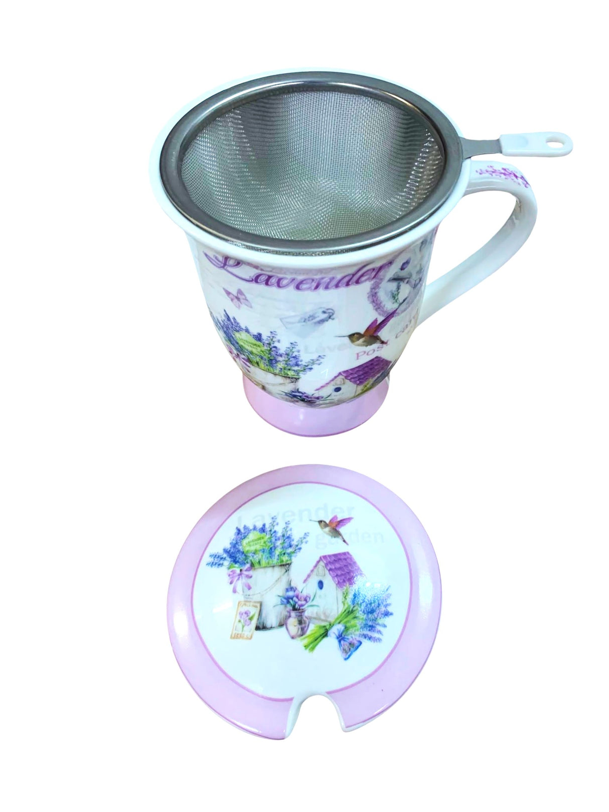 Cana din ceramica cu capac, lingurita si infuzor metalic , model Lavanda, 300 ml
